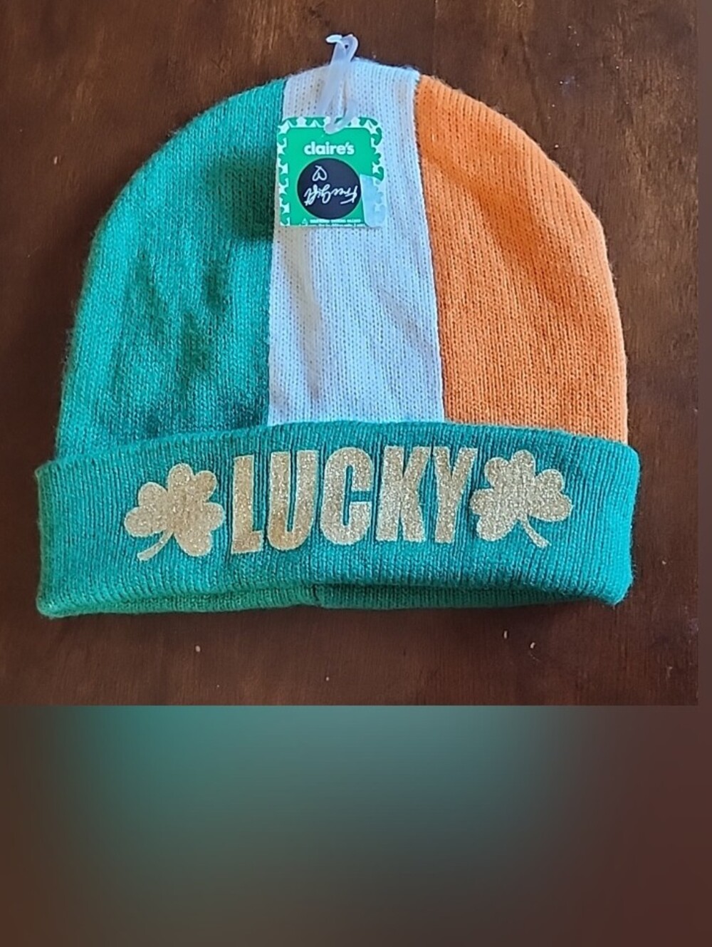 Claire's Green White Orange 'Lucky' Knit Beanie